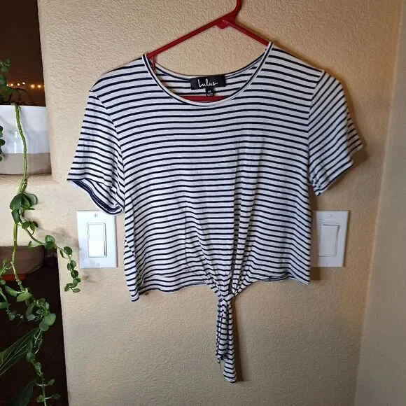 Lulus Take the Lead Navy Blue Striped Tie-Front Crop Top - Picture 5 of 8